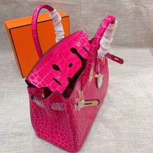 H BIRKIN 25 CROCODILE GOLD-TONED HARDWARE DARK PINK 25CM