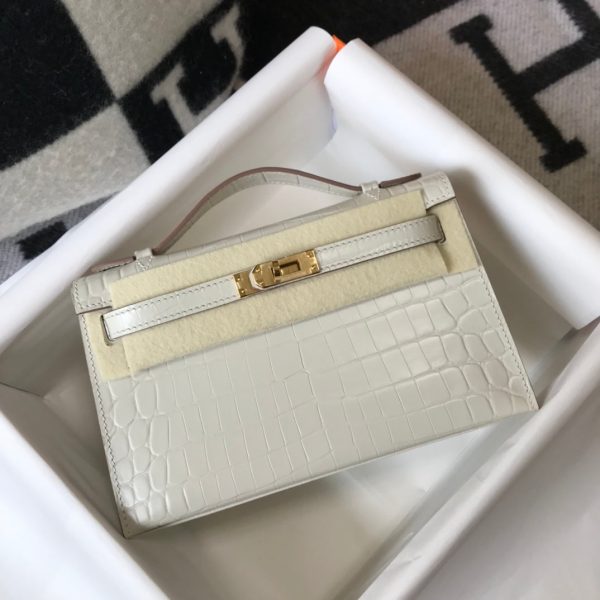 H MINI KELLY POCHETTE CROCODILE GOLD TONED HARDWARE WHITE 22CM