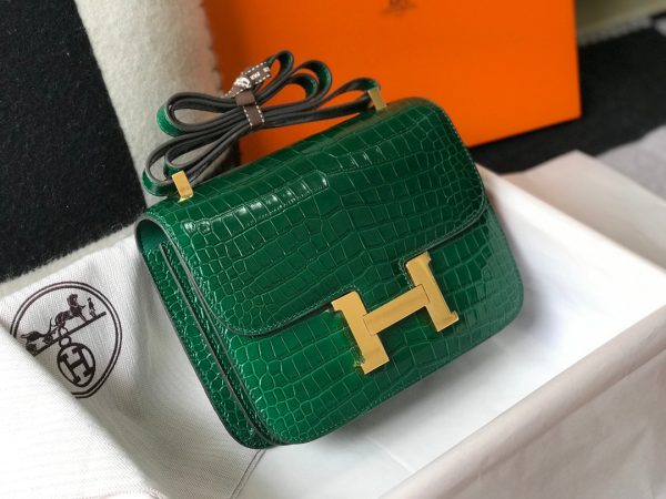 H CONSTANCE ALLIGATOR GOLD HARDWARE MINI GREEN FICELLE BAG 18CM