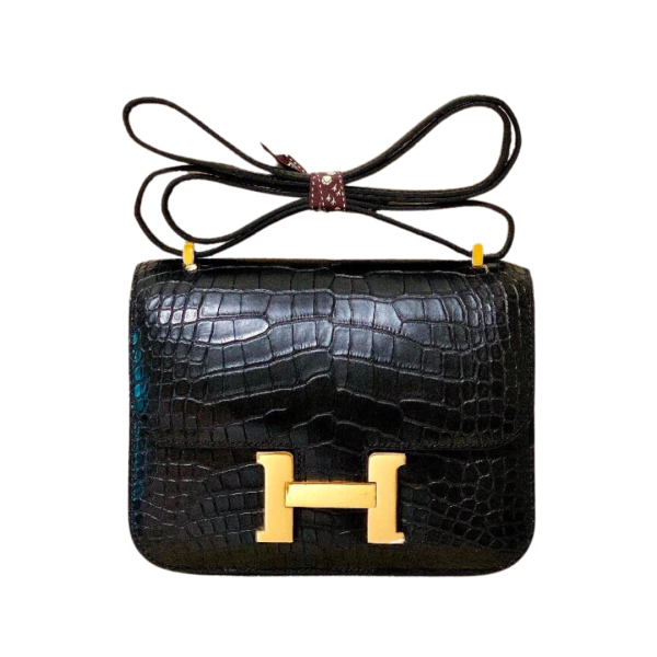 H CONSTANCE ALLIGATOR GOLD HARDWARE MINI BLACK FICELLE BAG 18CM