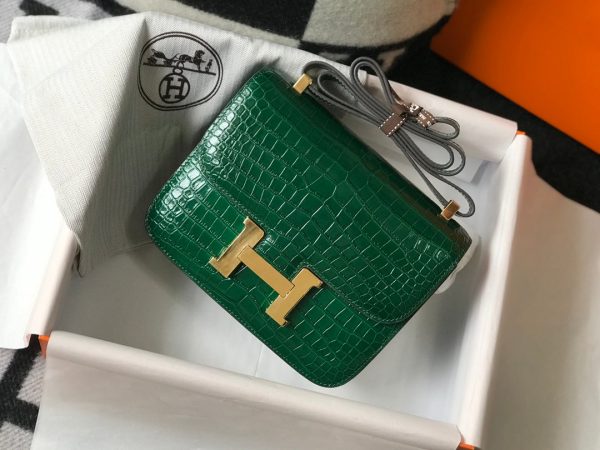 H CONSTANCE ALLIGATOR GOLD HARDWARE MINI GREEN FICELLE BAG 18CM