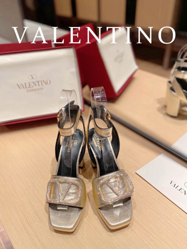 Valentino Garavani Strap Heeled Sandals With V Logo Crystal Embellishment Gold For Women