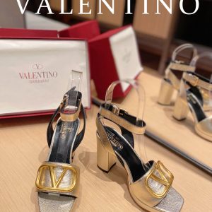 Valentino Garavani Strap Heeled Sandals With V Logo Signature Embellishment Gold For Women