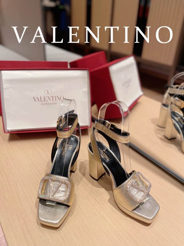 Valentino Garavani Strap Heeled Sandals With V Logo Crystal Embellishment Gold For Women