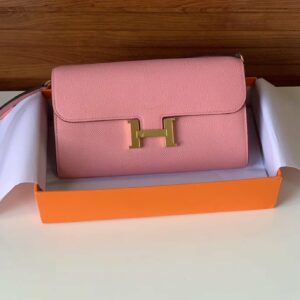 Hermes Constance Togo Long Wallet 21cm/8.3in Gold Toned Hardware For Women Pink