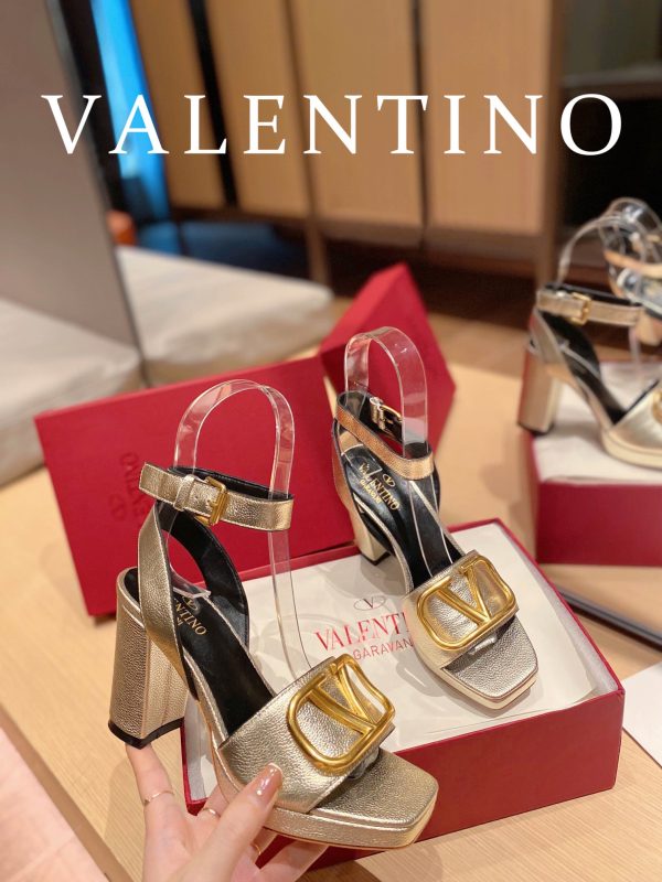 Valentino Garavani Strap Heeled Sandals With V Logo Signature Embellishment Gold For Women