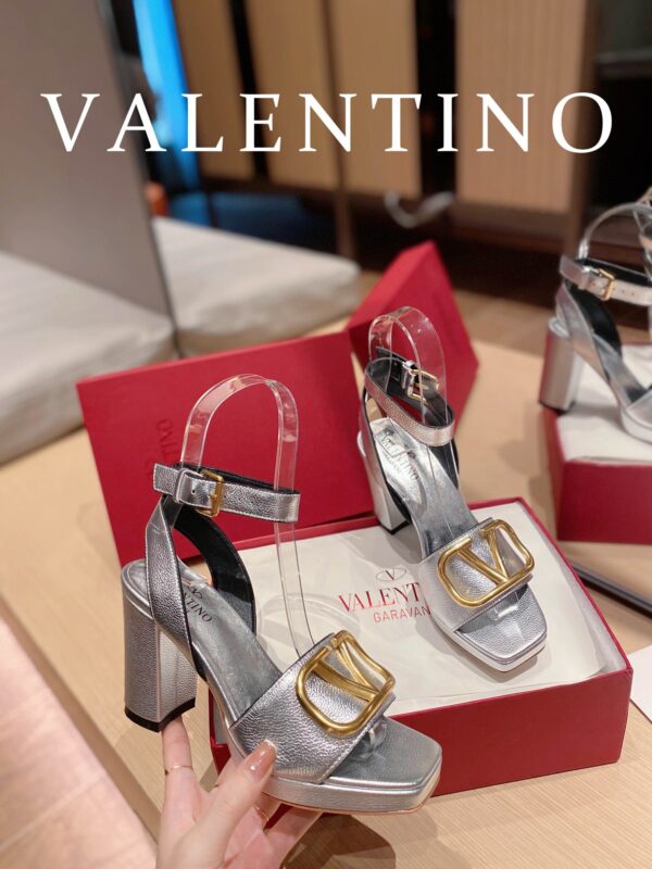 Valentino Garavani Strap Heeled Sandals With V Logo Signature Embellishment Silver For Women