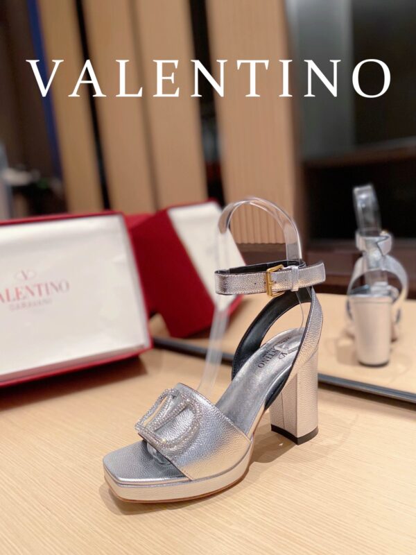 Valentino Garavani Strap Heeled Sandals With V Logo Crystal Embellishment Silver For Women