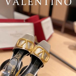 Valentino Garavani Strap Heeled Sandals With V Logo Signature Embellishment Gold For Women