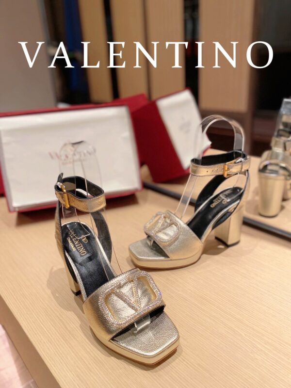 Valentino Garavani Strap Heeled Sandals With V Logo Crystal Embellishment Gold For Women