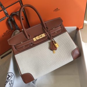 Hermes Birkin Bag Toile and Brown Barenia with Gold Hardware For Women, Women’s Handbags, Shoulder Bags 30cm/12in