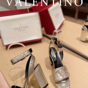 Valentino Garavani Strap Heeled Sandals With V Logo Crystal Embellishment Gold For Women