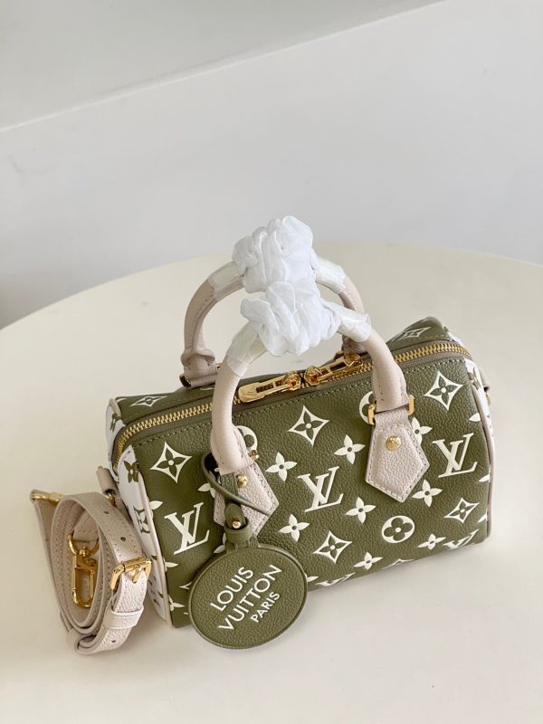 LV Speedy Bandoulière 20 Monogram Empreinte Khaki Green/Beige/Cream For Women, WoHandbags 8.1in/21cm LV M46118