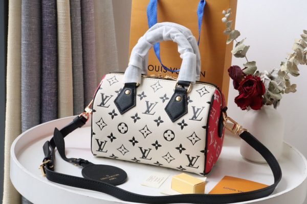 LV Speedy Bandoulière 20 Monogram Empreinte Black/White/Pink For Women, WoHandbags 8.1in/21cm LV M46088