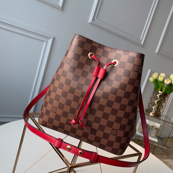 LV NeoNoe MM Bucket Bag Damier Ebene Canvas Cherry Berry For Women, Shoulder And Crossbody Bags 10.2in/26cm LV N40214