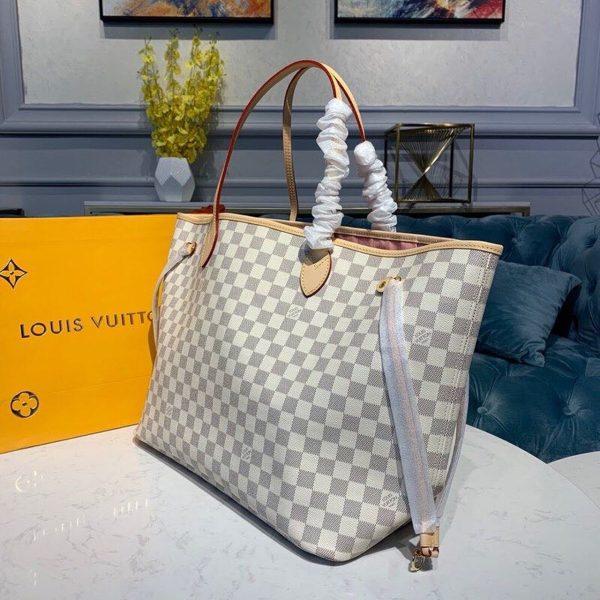 LV Neverfull GM Tote Bag Damier Azur Canvas Rose Ballerine Pink For Women, Shoulder Bags 15.4in/39cm LV N41604