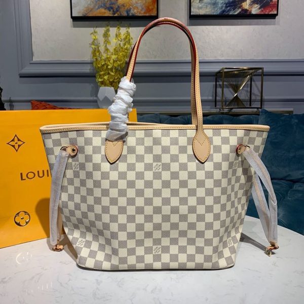 LV Neverfull MM Tote Bag Damier Azur Canvas For Women, Women’s Handbags, Shoulder Bags 12.2in/31cm LV N41361