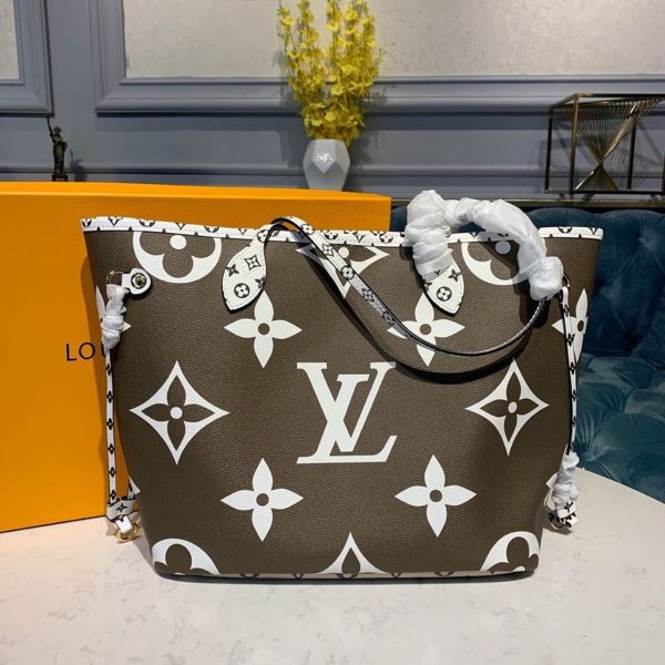 LV Neverfull MM Tote Bag Monogram Canvas Khaki/Beige For Women, Shoulder Bags 12.2in/31cm LV M44568