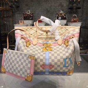 LV Neverfull MM Tote Bag Trompe L’oeil Print Damier Azur Canvas For Women, Shoulder Bags 12.6in/32cm LV N41065