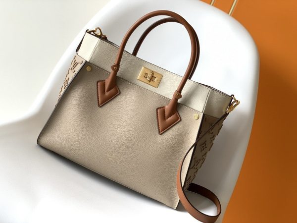 LV On My Side MM Tote Bag Monogram Tufting On Nappa Softy For Women, Shoulder Bags 12in/31cm Galet Grey LV M53825