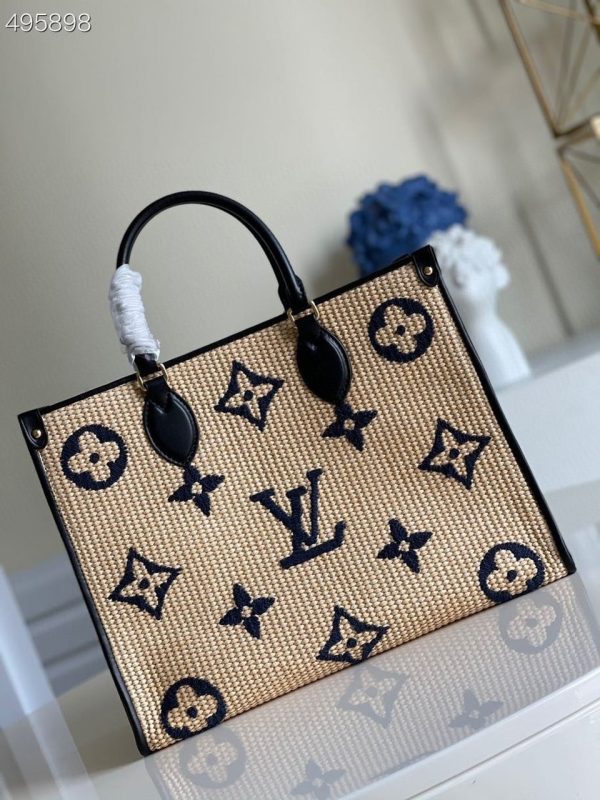 LV OnTheGo MM Tote Bag Monogram Raffia Navy Blue For Women, Shoulder Bags 13.8in/35cm LV M57723