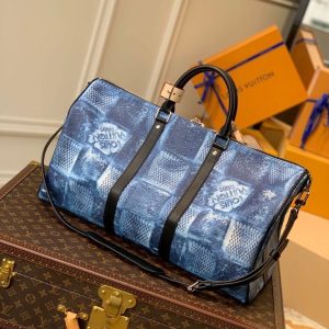 LV Keepall Bandouliere 50 Damier Salt Canvas Ocean Blue For Men, Bags, Travel Bags 19.7in/50cm LV N50059