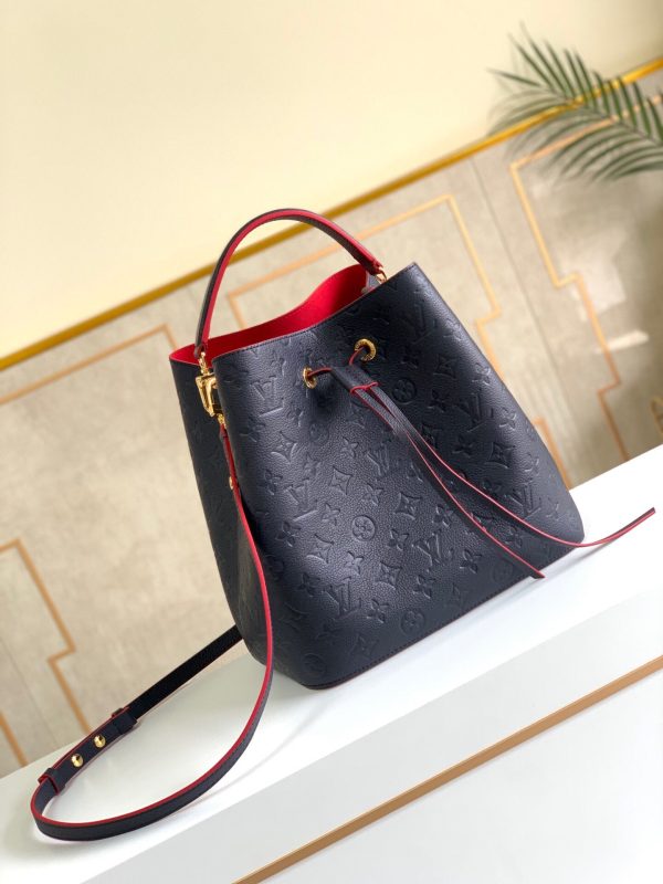 LV NeoNoe MM Bucket Bag Monogram Empreinte Navy Blue/Red For Women, Women’s Handbags, Shoulder And Crossbody Bags 10.2in/26cm LV M45306