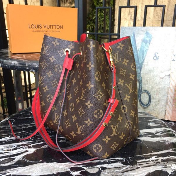 LV NeoNoe MM Bucket Bag Monogram Canvas Coquelicot Red For Women, Women’s Handbags, Shoulder And Crossbody Bags 10.2in/26cm LV M44021