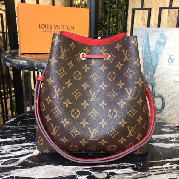 LV NeoNoe MM Bucket Bag Monogram Canvas Coquelicot Red For Women, Women’s Handbags, Shoulder And Crossbody Bags 10.2in/26cm LV M44021