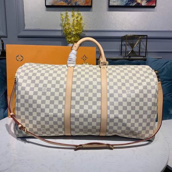 LV Keepall Bandouliere 55 Damier Azur Canvas For Women, Travel Bags 21.7in/55cm LV N41429