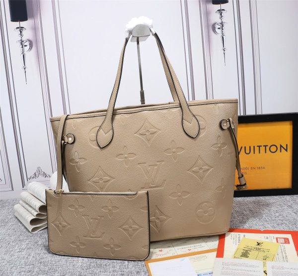 LV Neverfull MM Tote Bag Monogram Empreinte Tourterelle Gray For Women, Shoulder Bags 12.2in/31cm LV M45686