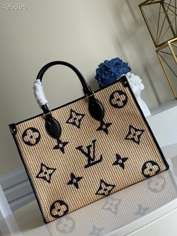 LV OnTheGo MM Tote Bag Monogram Raffia Navy Blue For Women, Shoulder Bags 13.8in/35cm LV M57723