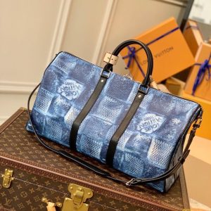 LV Keepall Bandouliere 50 Damier Salt Canvas Ocean Blue For Men, Bags, Travel Bags 19.7in/50cm LV N50059