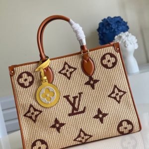 LV OnTheGo MM Tote Bag Monogram Raffia Tan For Women, Women’s Handbags, Shoulder Bags 13.8in/35cm LV M57707