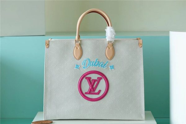 LV Onthego GM Monogram Giant And Raffia White/ Pink For Women, Shoulder And Crossbody Bags 41cm/16.1in LV