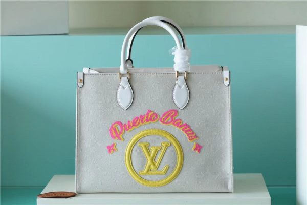 LV Onthego MM Monogram Giant And Raffia White/ Yellow For Women, Shoulder And Crossbody Bags 35cm/13.8in LV