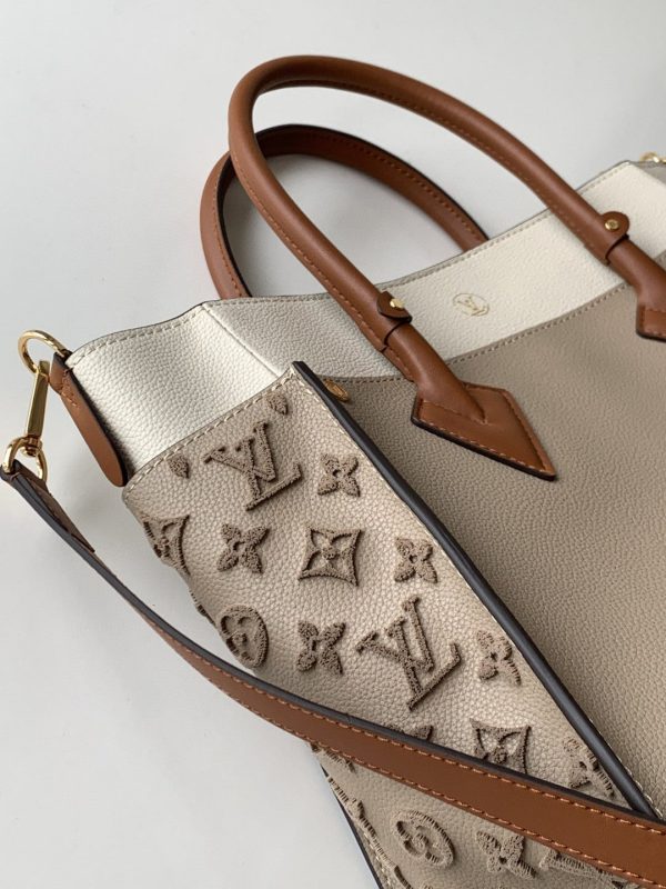 LV On My Side MM Tote Bag Monogram Tufting On Nappa Softy For Women, Shoulder Bags 12in/31cm Galet Grey LV M53825