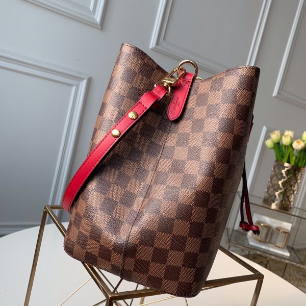 LV NeoNoe MM Bucket Bag Damier Ebene Canvas Cherry Berry For Women, Shoulder And Crossbody Bags 10.2in/26cm LV N40214