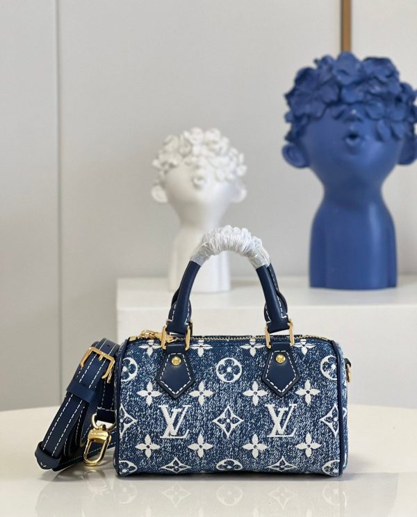 LV Nano Speedy Monogram Jacquard Denim Blue For Women, WoBags 6.3in/16cm LV M81168