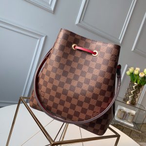 LV NeoNoe MM Bucket Bag Damier Ebene Canvas Cherry Berry For Women, Shoulder And Crossbody Bags 10.2in/26cm LV N40214