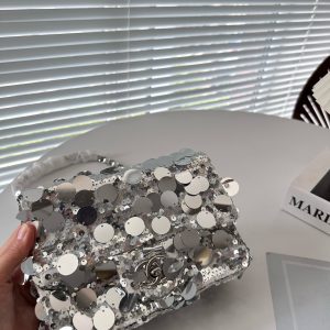 CHANEL SEQUIN MINI FLAP BAG SILVER 19CM