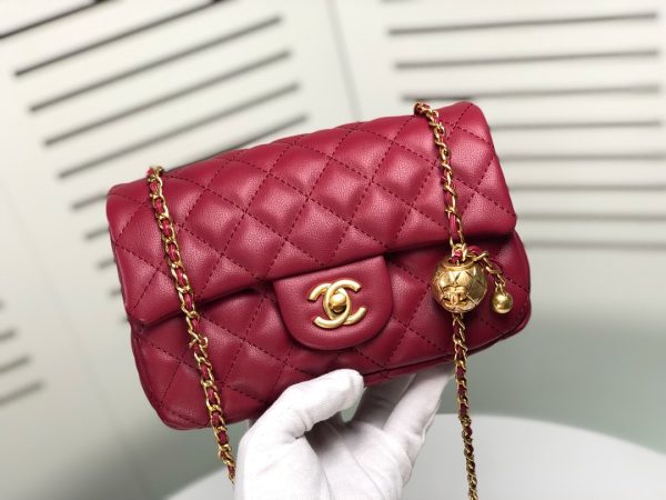 CHANEL QUILTED MINI CC RECTANGULAR PEARL CRUSH FLAP BAG RED 20CM