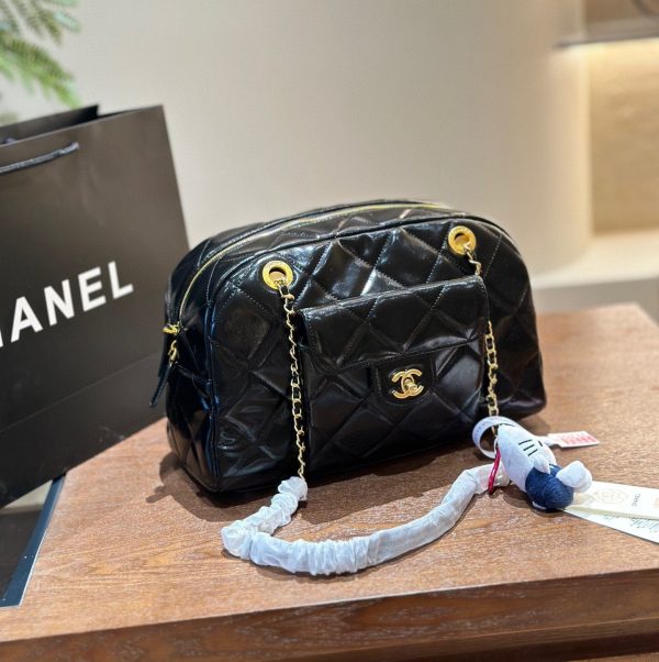 CHANEL MAXI BOWLING SHOULDER BAG WITH CHAIN IN BLACK 28CM