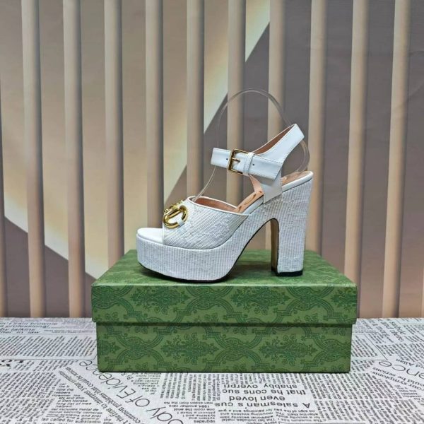 GUCCI HORSEBIT PLATFORM SANDAL GG EMBELLISHED ‎WHITE