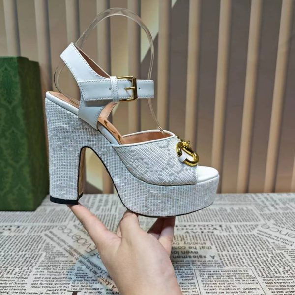 GUCCI HORSEBIT PLATFORM SANDAL GG EMBELLISHED ‎WHITE