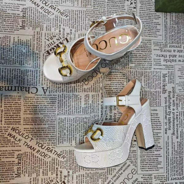 GUCCI HORSEBIT PLATFORM SANDAL GG EMBELLISHED ‎WHITE