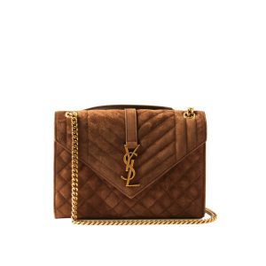 SAINT LAURENT ENVELOPE MEDIUM MATELASSÉ SUEDE SHOULDER BAG BROWN 24CM