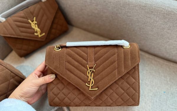 SAINT LAURENT ENVELOPE MEDIUM MATELASSÉ SUEDE SHOULDER BAG BROWN 24CM