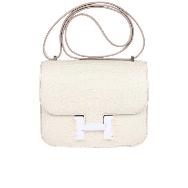 HERMÈS MINI CONSTANCE 19 SHINY ALLIGATOR PALLADIUM HARDWARE WHITE 19CM