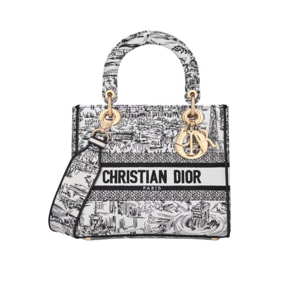 DIOR MEDIUM LADY D LITE BAG PARIS ALLOVER EMBROIDERY WHITE AND BLACK 24CM M0565OEGI M933